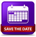 Save the date purple square button red ribbon in middle