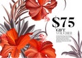 Save the date red hibiscus flower. Gift voucher for florist salon, flower boutique. Contrast tropical australian flora and palm