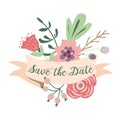 Save the date romantic inscription ribbons cute hand drawn flowers invitation vector