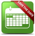 Save the date soft green square button red ribbon in corner Royalty Free Stock Photo