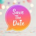 Save the date speech bubble with heart and bokeh background Royalty Free Stock Photo