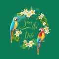 Save the Date Tropical Flowers and Birds Card - for Wedding, Invitation Royalty Free Stock Photo