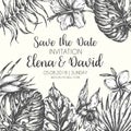 Save the Date Tropical Leaves Trendy Summer Background Wedding Invitation with tropic palm leaf Vector