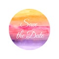 Save the date vector greeting card. Typographic composition, watercolor stains background. Soft colors.