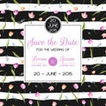 Save the Date Wedding Card with Blossom Tulips Flowers. Birthday Invitation, Anniversary Party, RSVP Floral Template Royalty Free Stock Photo