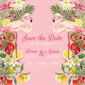 Save The Date Wedding Card With Tropical Flowers, Fruits, Flamingo Bird. Floral Background