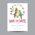 Save the Date. Wedding Card. Tropical Flowers and Parrot Bird