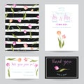 Save the Date Wedding Cards Set with Blossom Tulips Flowers. Birthday Invitation, Anniversary Party, RSVP Floral Template Royalty Free Stock Photo