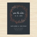 Save the date, wedding invitation card template with copper color flower wreath.