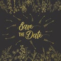 Save the date wedding invitation card template decorate with hand drawn wreath flower in vintage style. Vector illustration. Royalty Free Stock Photo