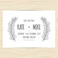 Save the date, wedding invitation card template with hand drawn branch and leaves wreath. Minimal design.