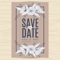 Save the date, wedding invitation card template with hand drawn flower floral background.