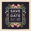 Save the date, wedding invitation card template with hand drawn wreath flower vintage style. Flower floral background. Royalty Free Stock Photo