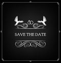 Save the date. Wedding invitation. Diamond rings, swirls, doves. Vector. Royalty Free Stock Photo