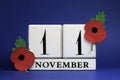 Save the Date, white block calendar, for November 11, Remembrance Day Royalty Free Stock Photo