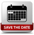 Save the date white square button red ribbon in middle