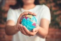 Save The Earth and Care Environment Concept, Close-up Portrait of Woman is Holding Mockup Global in Her Hands on Tree Leave