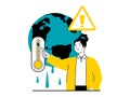 Save Earth concept with character situation. Eco activist woman pointing at thermometer with high temperature, warming and climate