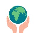 Save the earth concept. Happy Earth day. Hands holding planet. Eco care for world, globe. Protect of environment. vector Royalty Free Stock Photo