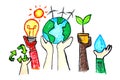 Save the earth concept. saving energy and recycle to save the world. hand draw crayon earth Royalty Free Stock Photo