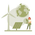 Save earth and energy concept. Green energy with windmills. Woman with lightbulb with leaves. Vector