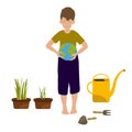 Save the earth, go green, kids save the planet, cartoon kid boy save world, ecology concept vector illustration. Royalty Free Stock Photo