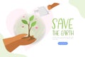 Save the earth. Hand holding Green planet with Watering can. Environment Concept. Vector flat illustration Royalty Free Stock Photo