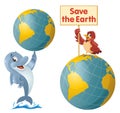 Save the Earth illustration with cartoon dolphin and sparrow
