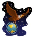 Save the Earth illustration. Flying eagle holds the globe against the background of the Universe