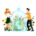 Save Earth planet concept. People holding protection glass dome above Earth. Environment, ecology vector illustration