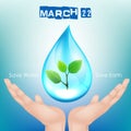 Save the earth and save the water of green leaf inside the water drop over the Hand Royalty Free Stock Photo
