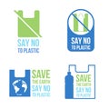 Save the earth Say no to plastic banner concept with plastic bag and plastic bottle sign vector set design