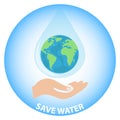 Save the Earth water. The hand holds the planet Earth in the form of a drop of water on the palm of your hand. Ecological banner. Royalty Free Stock Photo