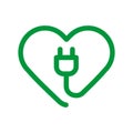 Green heart plug line icon. Sustainable power sources. Clean energy love concept.