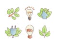 Save enegry vector cartoon icons. Green leaves with bulb, save the planet icon set. Electricity and green leaves eco Royalty Free Stock Photo