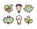 Save enegry vector cartoon icons. Green leaves with bulb, save the planet icon set. Electricity and green leaves eco