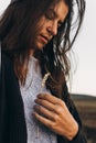 Save environment. beautiful woman holding ear wheat in sunlight Royalty Free Stock Photo