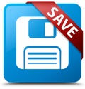 Save (floppy disk icon) cyan blue square button red ribbon in co Royalty Free Stock Photo