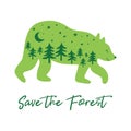 Save the forest concept with green bear, fir trees inside bear silhouette. Green forest animal Vector Royalty Free Stock Photo