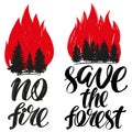 Save the forest, no fire emblem, calligraphic text, hand drawn vector illustration realistic sketch