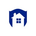 Save home logo house with window and chimney on the roof and shield symbol. Defense, security and real estate vector icon Royalty Free Stock Photo