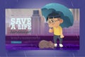 Save homeless pet banner with poor cat and boy