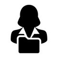 Save icon vector with female person profile avatar folder symbol for information data in flat color glyph pictogram