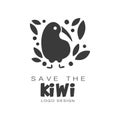 Save the kiwi logo design, protection of wild animal black and white sign vector Illustrations on a white background