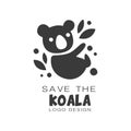 Save the koala logo design, protection of wild animal black and white sign vector Illustrations on a white background