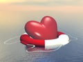 Save the Love concept - Red heart shape floating on a buoy on the ocean - 3D render