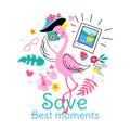 Save moments. Savings sweet memories with camera. Girl design print, beautiful summer sticker or poster. Fun fashion