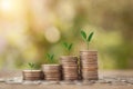 Save Money concept for Financial, Investment and Business with money coin stack for growing with sun light bokeh background Royalty Free Stock Photo