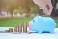 Save money concept with Hand putting coin in piggy bank and coins stack Royalty Free Stock Photo