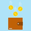 Save the money. The concept of saving and investing money. Gold coins are falling into the wallet. Vector, cartoon Royalty Free Stock Photo